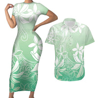Tiare Tahiti Couples Matching Short Sleeve Bodycon Dress and Hawaiian Shirt Matcha Polynesia Motifs LT05 Green - Polynesian Pride