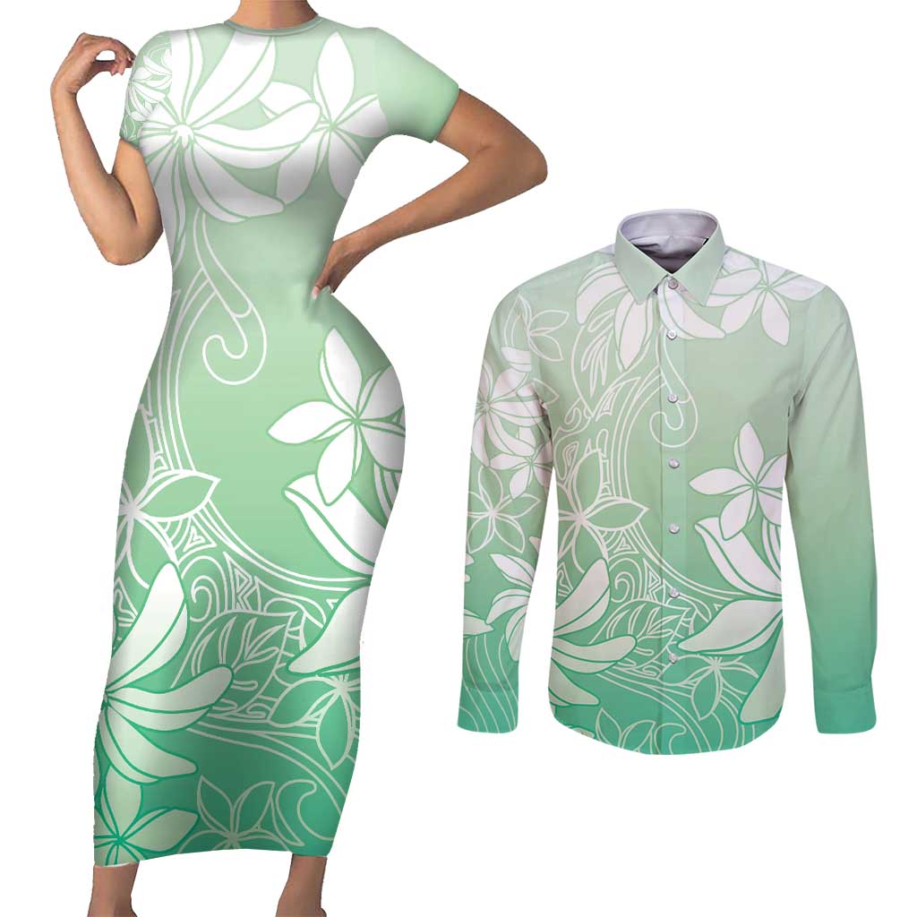Tiare Tahiti Couples Matching Short Sleeve Bodycon Dress and Long Sleeve Button Shirt Matcha Polynesia Motifs LT05 Green - Polynesian Pride