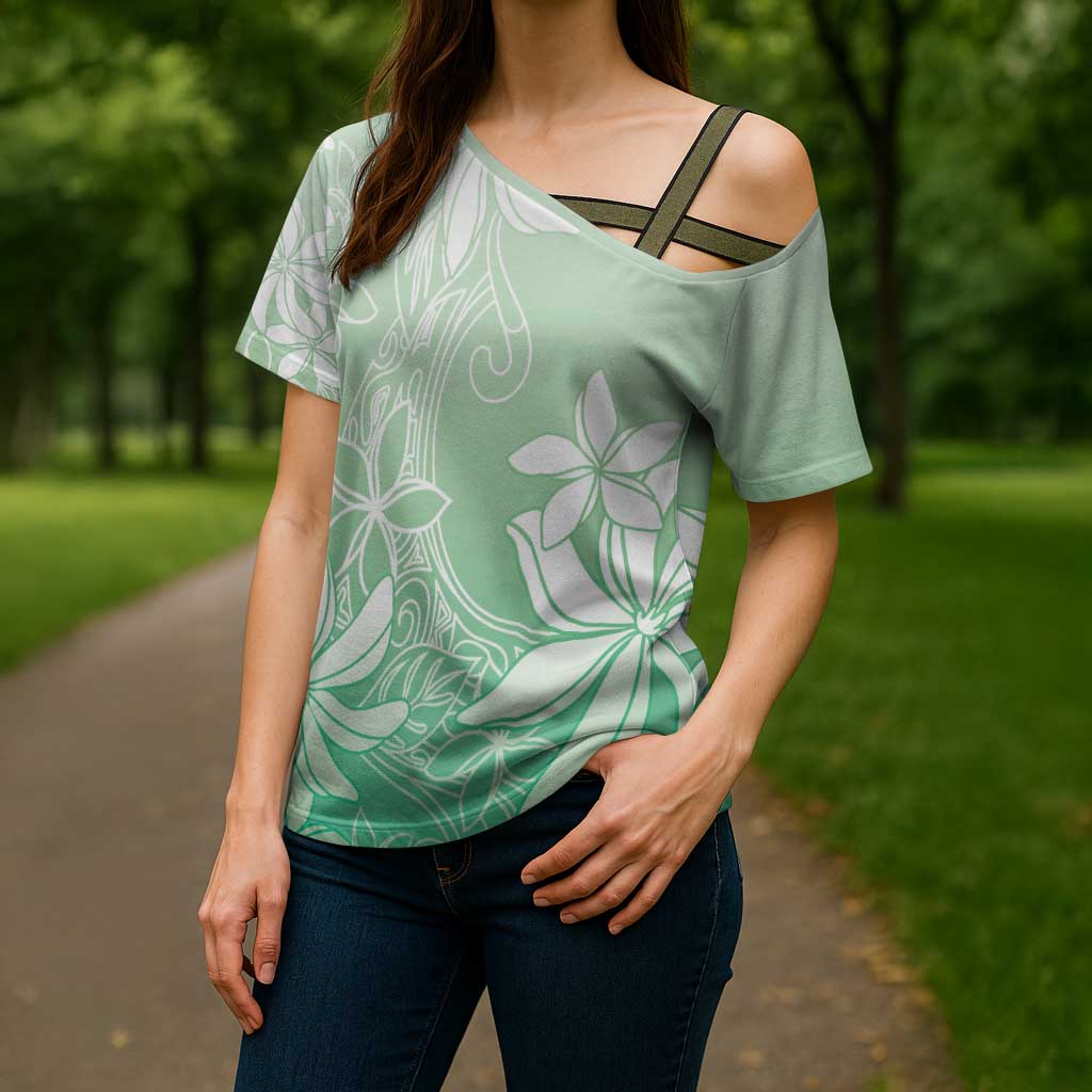 Tiare Tahiti Cross Shoulder Shirt Matcha Polynesia Motifs - Polynesian Pride