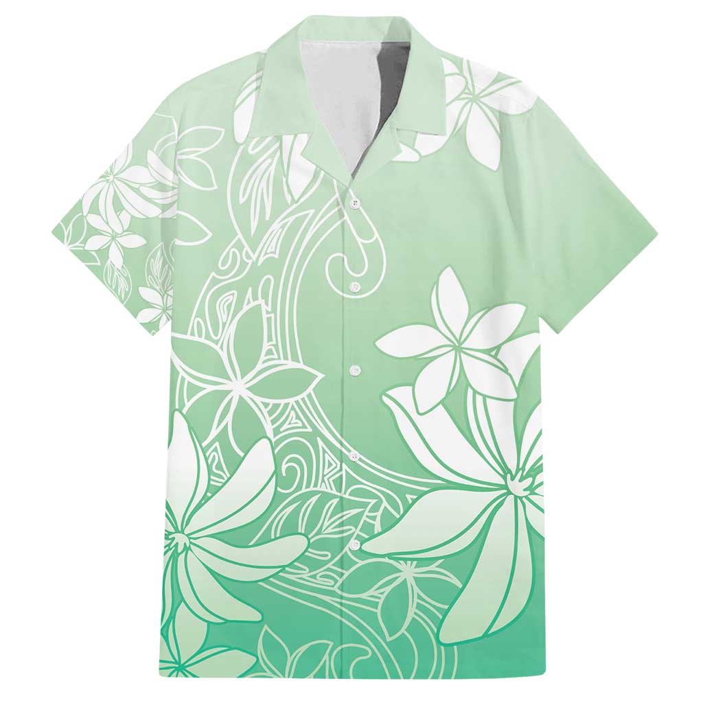 Tiare Tahiti Family Matching Off Shoulder Maxi Dress and Hawaiian Shirt Matcha Polynesia Motifs LT05 Dad's Shirt - Short Sleeve Green - Polynesian Pride
