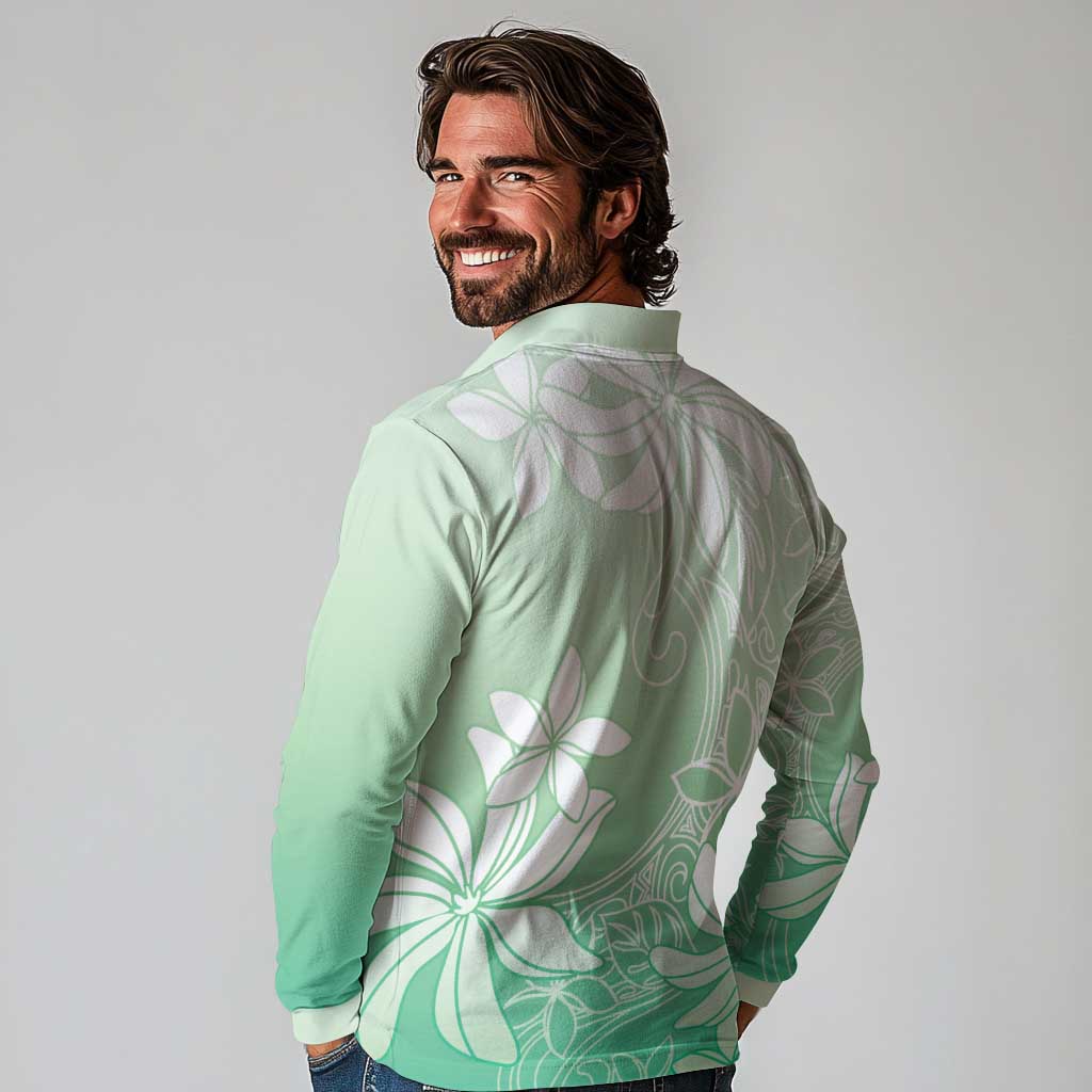 Tiare Tahiti Long Sleeve Polo Shirt Matcha Polynesia Motifs - Polynesian Pride