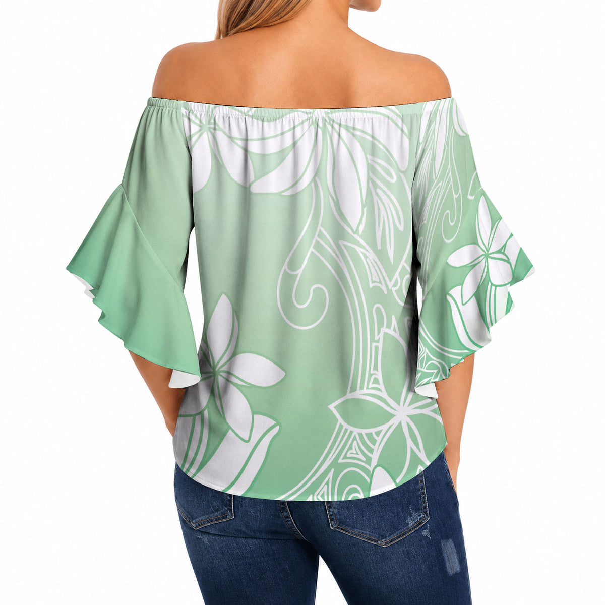 Tiare Tahiti Off Shoulder Wrap Waist Top Matcha Polynesia Motifs LT05 - Polynesian Pride