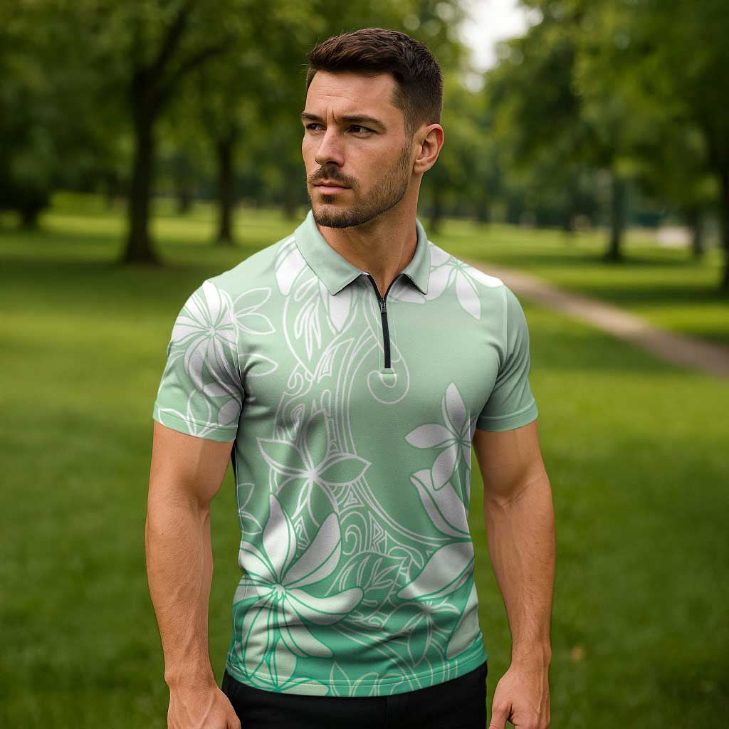Tiare Tahiti Zipper Polo Shirt Matcha Polynesia Motifs - Polynesian Pride