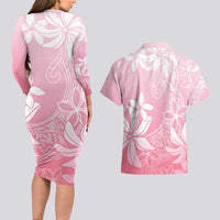 Tiare Tahiti Couples Matching Long Sleeve Bodycon Dress and Hawaiian Shirt Pink Polynesia Motifs LT05 - Polynesian Pride
