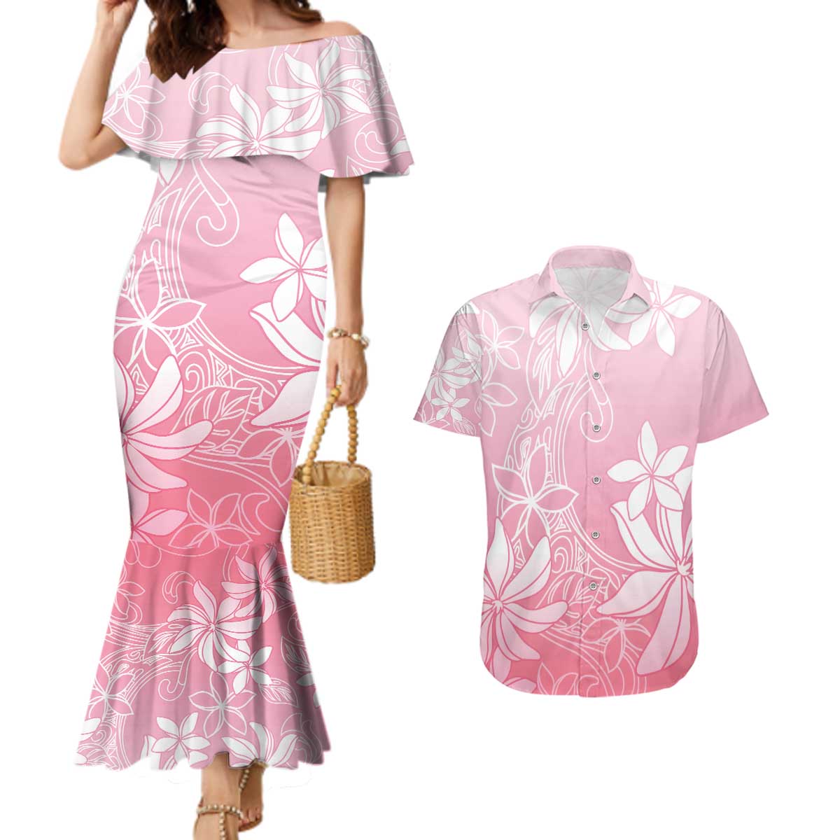 Tiare Tahiti Couples Matching Mermaid Dress and Hawaiian Shirt Pink Polynesia Motifs LT05 Pink - Polynesian Pride