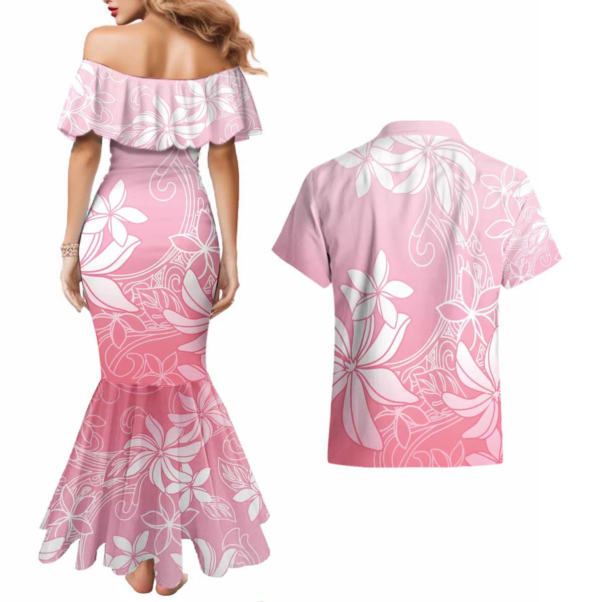 Tiare Tahiti Couples Matching Mermaid Dress and Hawaiian Shirt Pink Polynesia Motifs LT05 - Polynesian Pride