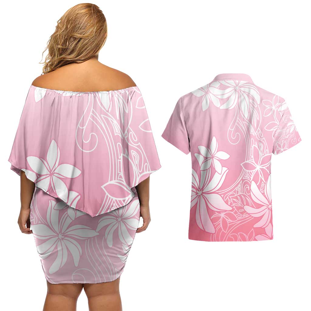 Tiare Tahiti Couples Matching Off Shoulder Short Dress and Hawaiian Shirt Pink Polynesia Motifs LT05 - Polynesian Pride