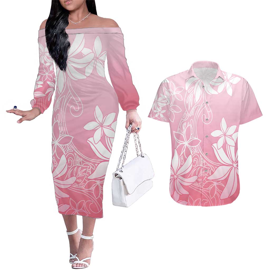Tiare Tahiti Couples Matching Off The Shoulder Long Sleeve Dress and Hawaiian Shirt Pink Polynesia Motifs LT05 Pink - Polynesian Pride