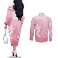 Tiare Tahiti Couples Matching Off The Shoulder Long Sleeve Dress and Long Sleeve Button Shirt Pink Polynesia Motifs LT05 - Polynesian Pride