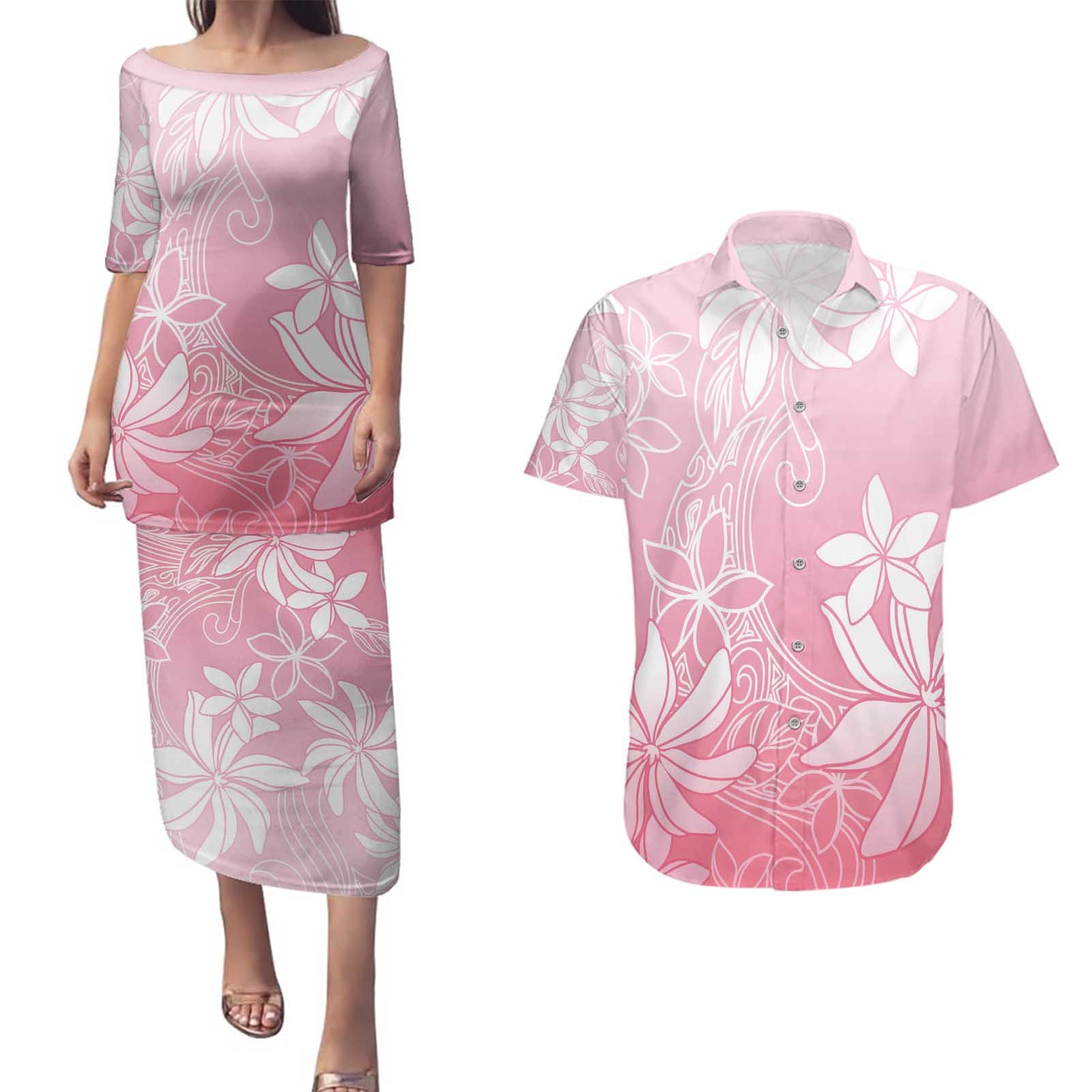 Tiare Tahiti Couples Matching Puletasi and Hawaiian Shirt Pink Polynesia Motifs - Polynesian Pride