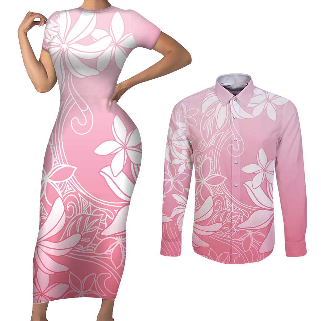 Tiare Tahiti Couples Matching Short Sleeve Bodycon Dress and Long Sleeve Button Shirt Pink Polynesia Motifs LT05 Pink - Polynesian Pride