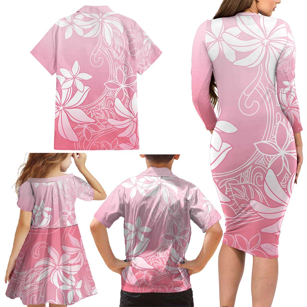 Tiare Tahiti Family Matching Long Sleeve Bodycon Dress and Hawaiian Shirt Pink Polynesia Motifs LT05 - Polynesian Pride
