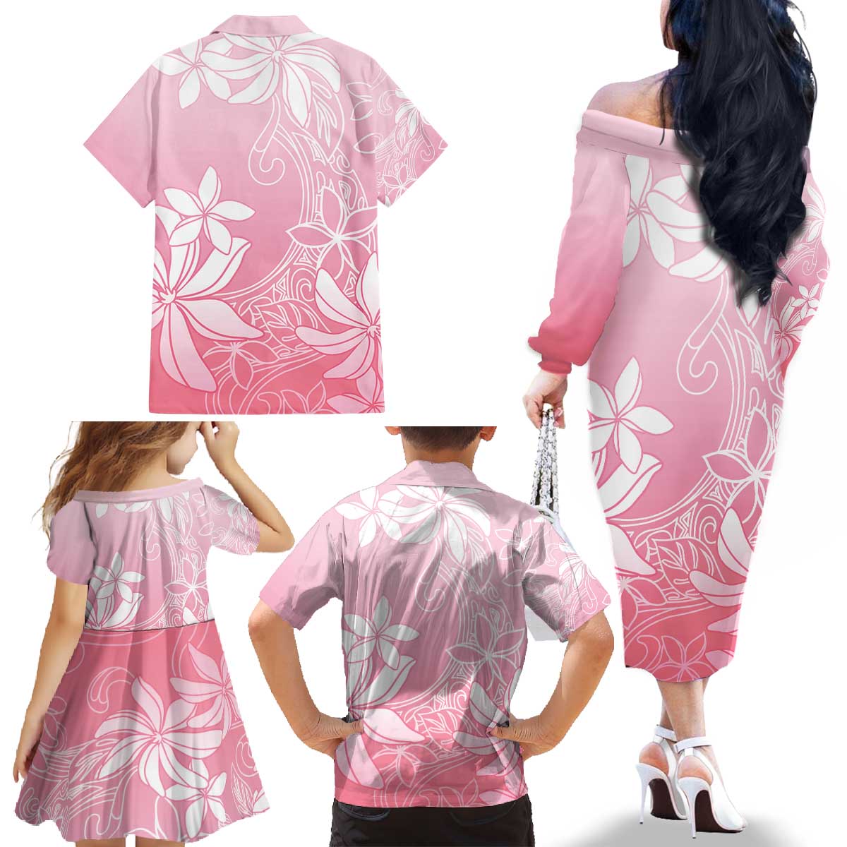 Tiare Tahiti Family Matching Off The Shoulder Long Sleeve Dress and Hawaiian Shirt Pink Polynesia Motifs LT05 - Polynesian Pride