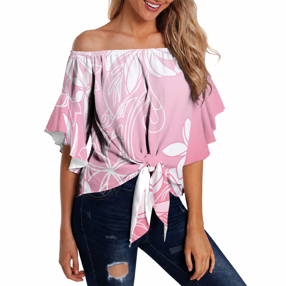 Tiare Tahiti Off Shoulder Wrap Waist Top Pink Polynesia Motifs LT05 - Polynesian Pride