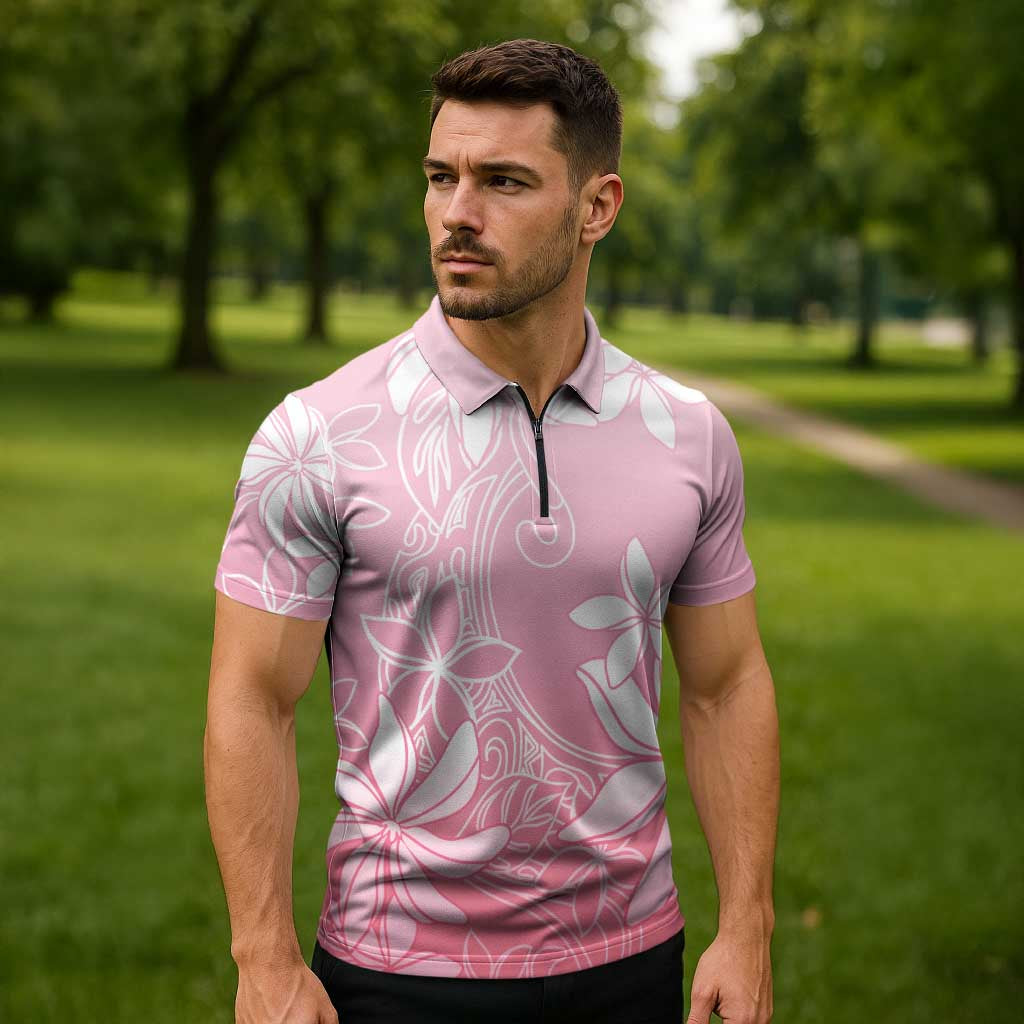 Tiare Tahiti Zipper Polo Shirt Pink Polynesia Motifs - Polynesian Pride