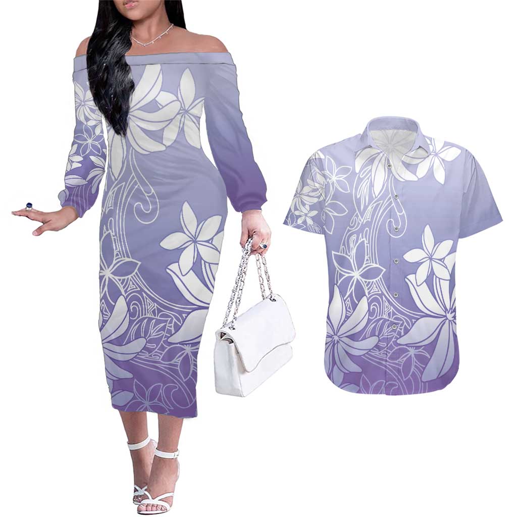 Tiare Tahiti Couples Matching Off The Shoulder Long Sleeve Dress and Hawaiian Shirt Purple Polynesia Motifs LT05 Purple - Polynesian Pride