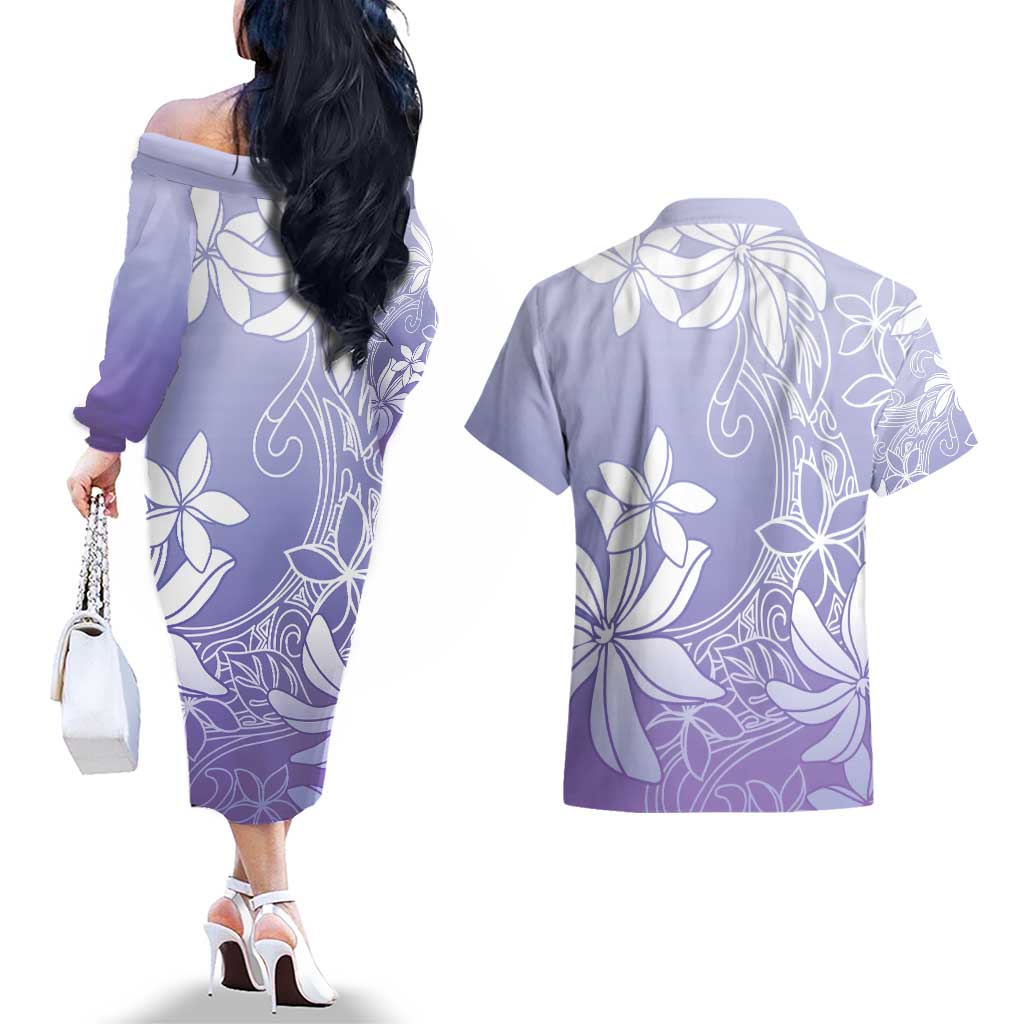 Tiare Tahiti Couples Matching Off The Shoulder Long Sleeve Dress and Hawaiian Shirt Purple Polynesia Motifs LT05 - Polynesian Pride