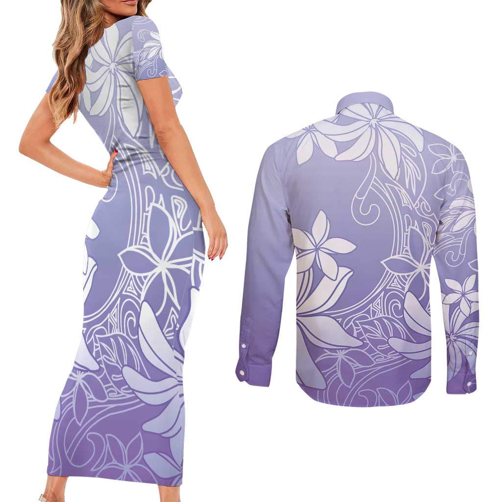 Tiare Tahiti Couples Matching Short Sleeve Bodycon Dress and Long Sleeve Button Shirt Purple Polynesia Motifs LT05 - Polynesian Pride