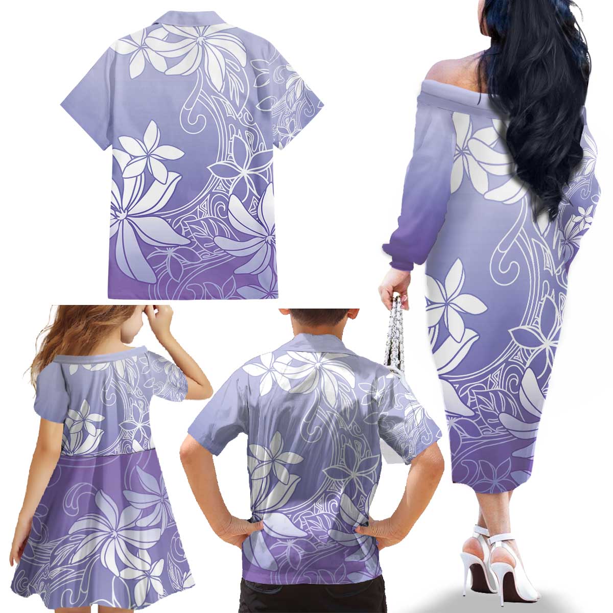 Tiare Tahiti Family Matching Off The Shoulder Long Sleeve Dress and Hawaiian Shirt Purple Polynesia Motifs LT05 - Polynesian Pride