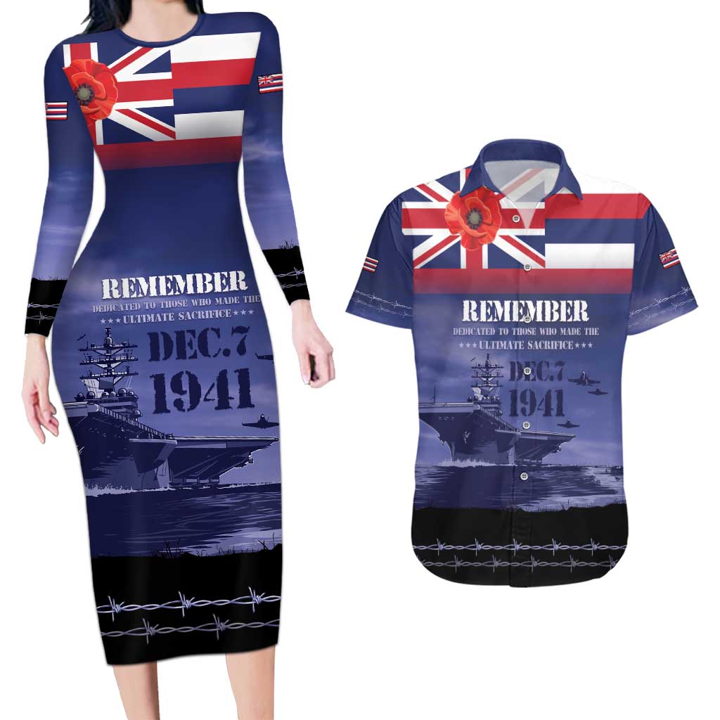 Hawaii Pearl Harbor Remembrance Day Couples Matching Long Sleeve Bodycon Dress and Hawaiian Shirt Flag Style LT05 Blue - Polynesian Pride