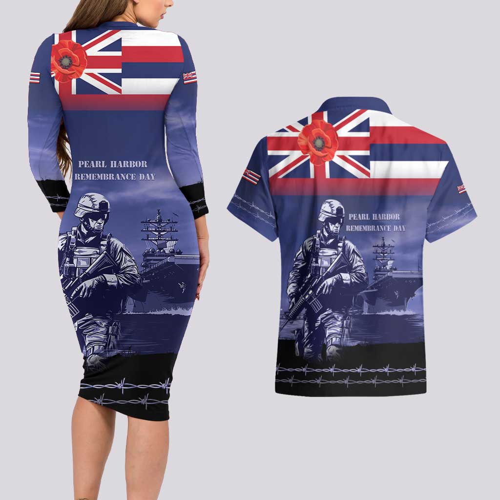Hawaii Pearl Harbor Remembrance Day Couples Matching Long Sleeve Bodycon Dress and Hawaiian Shirt Flag Style LT05 - Polynesian Pride