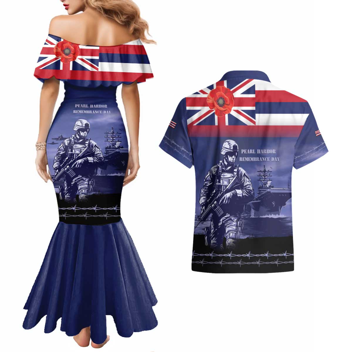 Hawaii Pearl Harbor Remembrance Day Couples Matching Mermaid Dress and Hawaiian Shirt Flag Style LT05 - Polynesian Pride