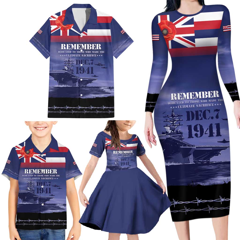 Hawaii Pearl Harbor Remembrance Day Family Matching Long Sleeve Bodycon Dress and Hawaiian Shirt Flag Style