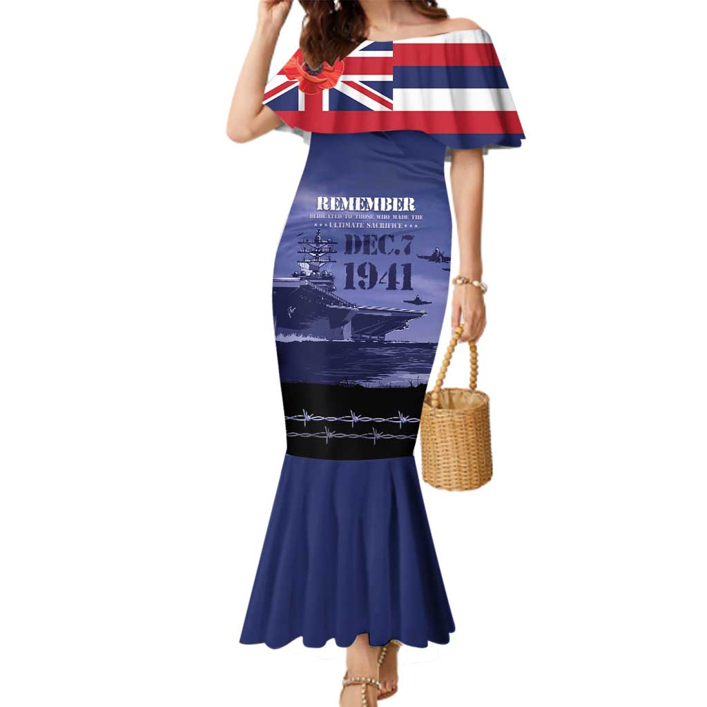Hawaii Pearl Harbor Remembrance Day Family Matching Mermaid Dress and Hawaiian Shirt Flag Style LT05 Mom's Dress Blue - Polynesian Pride