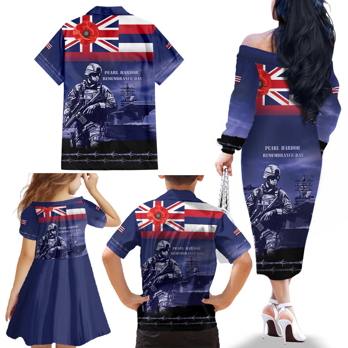 Hawaii Pearl Harbor Remembrance Day Family Matching Off The Shoulder Long Sleeve Dress and Hawaiian Shirt Flag Style LT05 - Polynesian Pride