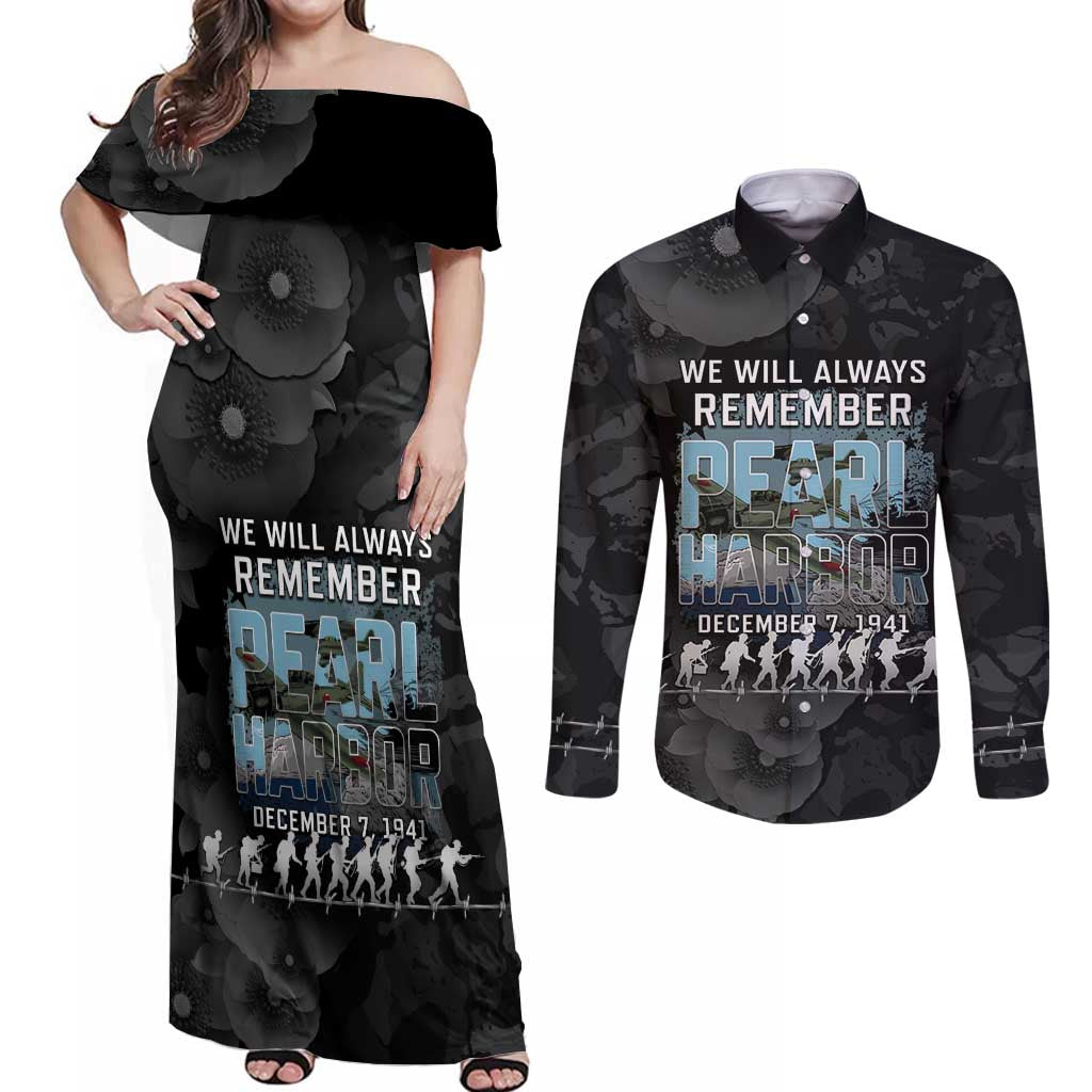 Personalized Pearl Harbor Remembrance Day Couples Matching Off Shoulder Maxi Dress and Long Sleeve Button Shirt We Will Always Remember