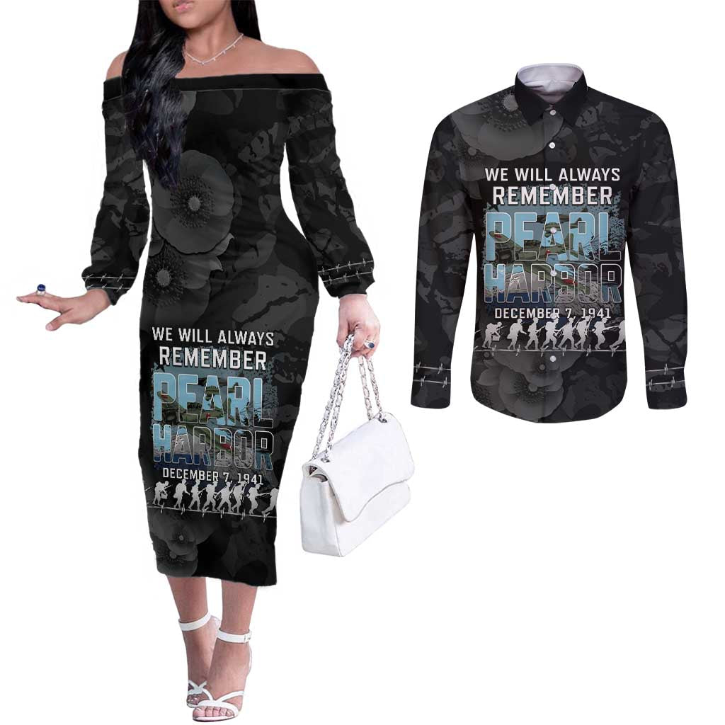Personalized Pearl Harbor Remembrance Day Couples Matching Off The Shoulder Long Sleeve Dress and Long Sleeve Button Shirt We Will Always Remember