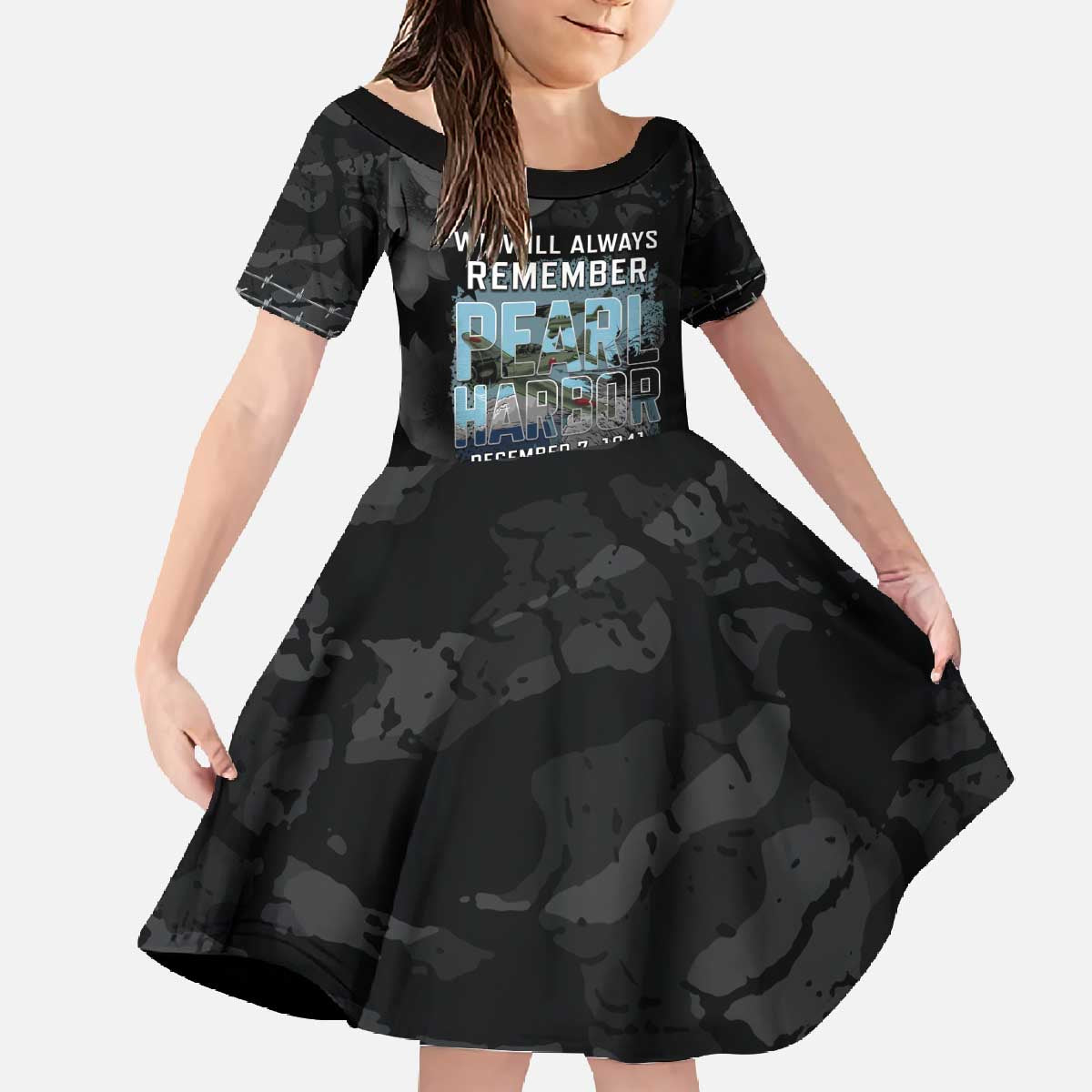 Personalized Pearl Harbor Remembrance Day Family Matching Off The Shoulder Long Sleeve Dress and Hawaiian Shirt We Will Always Remember LT05 Daughter's Dress Black - Polynesian Pride