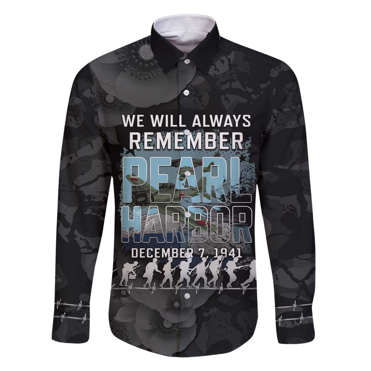 Personalized Pearl Harbor Remembrance Day Family Matching Off The Shoulder Long Sleeve Dress and Hawaiian Shirt We Will Always Remember LT05 Dad's Shirt - Long Sleeve Black - Polynesian Pride