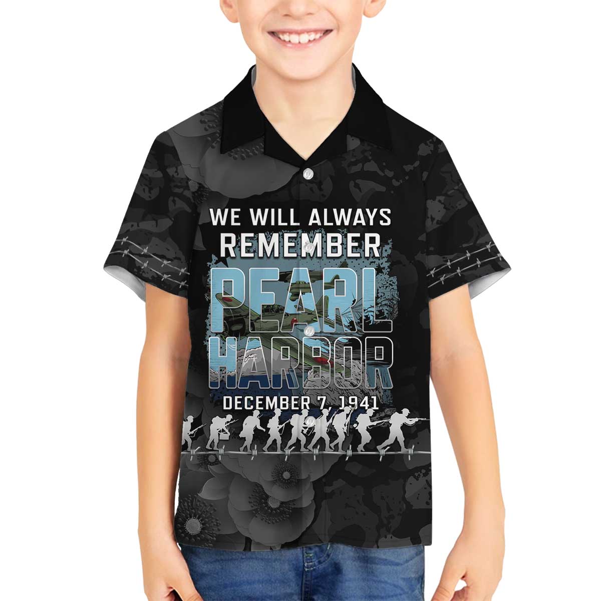 Personalized Pearl Harbor Remembrance Day Family Matching Off The Shoulder Long Sleeve Dress and Hawaiian Shirt We Will Always Remember LT05 Son's Shirt Black - Polynesian Pride
