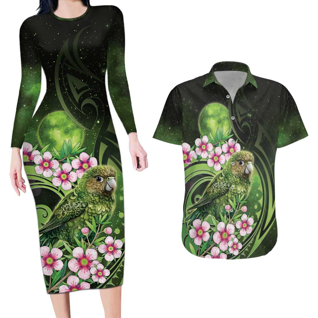 New Zealand Aotearoa Kakapo Couples Matching Long Sleeve Bodycon Dress and Hawaiian Shirt Maori Pattern With Manuka Galaxy Style LT05 Green - Polynesian Pride