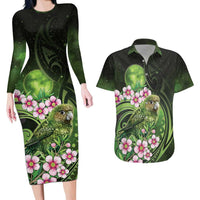 New Zealand Aotearoa Kakapo Couples Matching Long Sleeve Bodycon Dress and Hawaiian Shirt Maori Pattern With Manuka Galaxy Style LT05 Green - Polynesian Pride