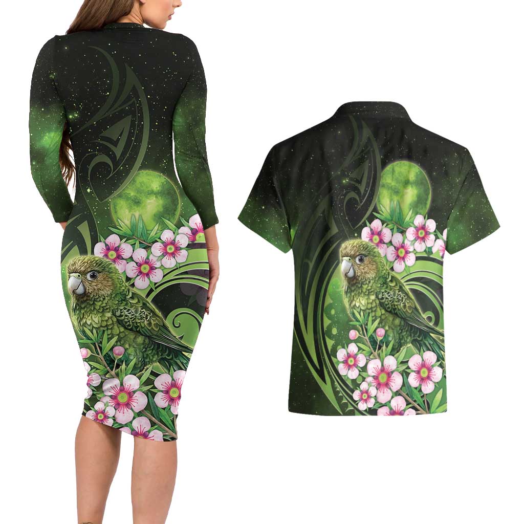 New Zealand Aotearoa Kakapo Couples Matching Long Sleeve Bodycon Dress and Hawaiian Shirt Maori Pattern With Manuka Galaxy Style LT05 - Polynesian Pride