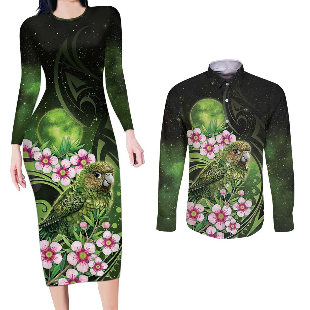 New Zealand Aotearoa Kakapo Couples Matching Long Sleeve Bodycon Dress and Long Sleeve Button Shirt Maori Pattern With Manuka Galaxy Style LT05 Green - Polynesian Pride