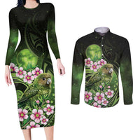 New Zealand Aotearoa Kakapo Couples Matching Long Sleeve Bodycon Dress and Long Sleeve Button Shirt Maori Pattern With Manuka Galaxy Style LT05 Green - Polynesian Pride