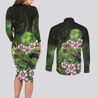 New Zealand Aotearoa Kakapo Couples Matching Long Sleeve Bodycon Dress and Long Sleeve Button Shirt Maori Pattern With Manuka Galaxy Style LT05 - Polynesian Pride