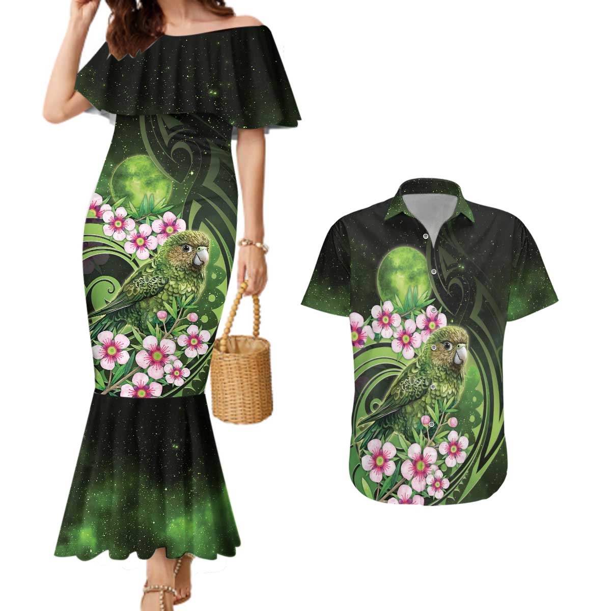 New Zealand Aotearoa Kakapo Couples Matching Mermaid Dress and Hawaiian Shirt Maori Pattern With Manuka Galaxy Style LT05 Green - Polynesian Pride