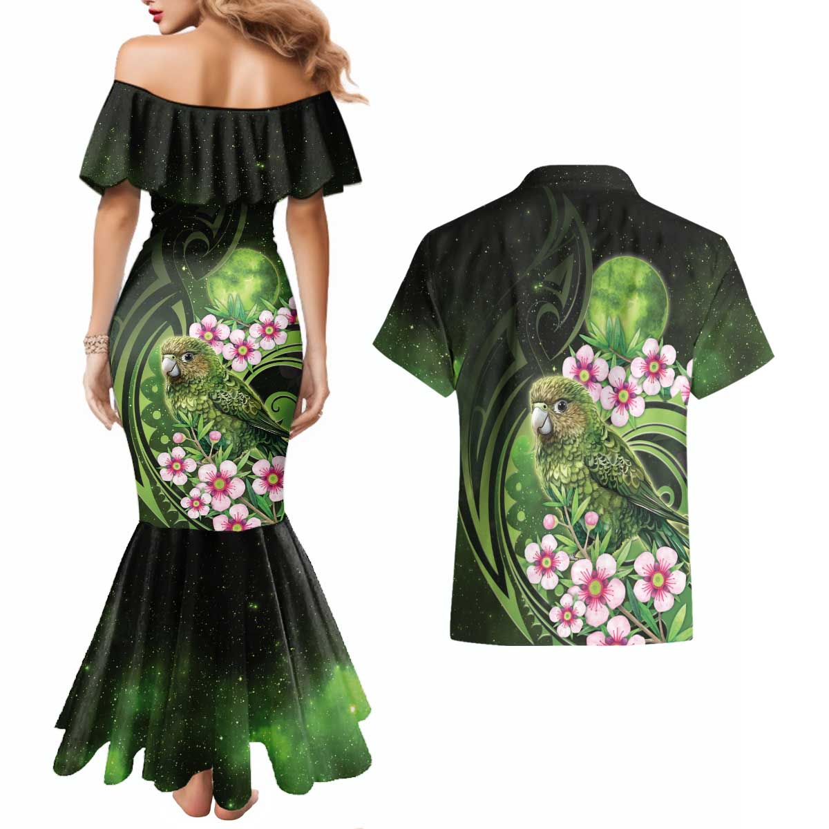 New Zealand Aotearoa Kakapo Couples Matching Mermaid Dress and Hawaiian Shirt Maori Pattern With Manuka Galaxy Style LT05 - Polynesian Pride