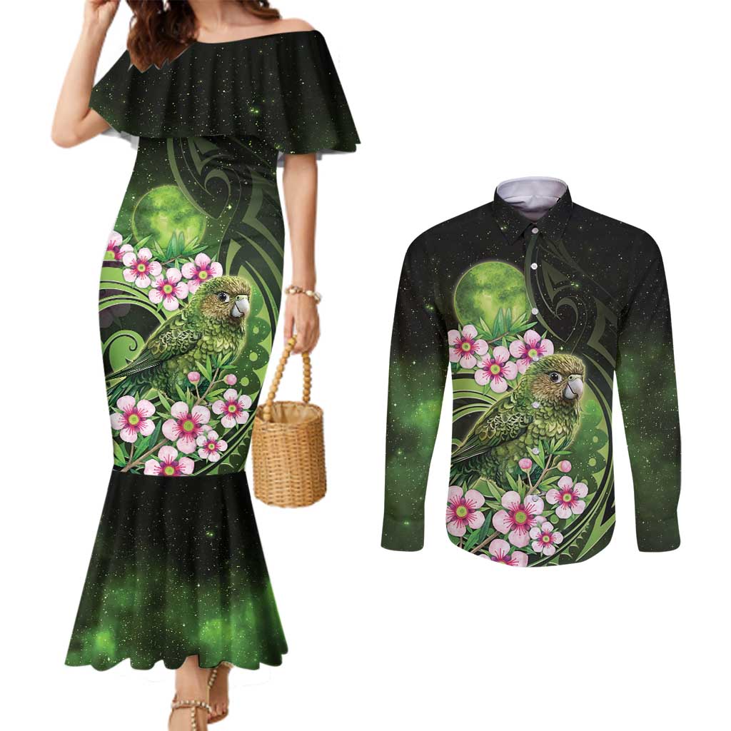 New Zealand Aotearoa Kakapo Couples Matching Mermaid Dress and Long Sleeve Button Shirt Maori Pattern With Manuka Galaxy Style LT05 Green - Polynesian Pride