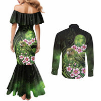 New Zealand Aotearoa Kakapo Couples Matching Mermaid Dress and Long Sleeve Button Shirt Maori Pattern With Manuka Galaxy Style LT05 - Polynesian Pride