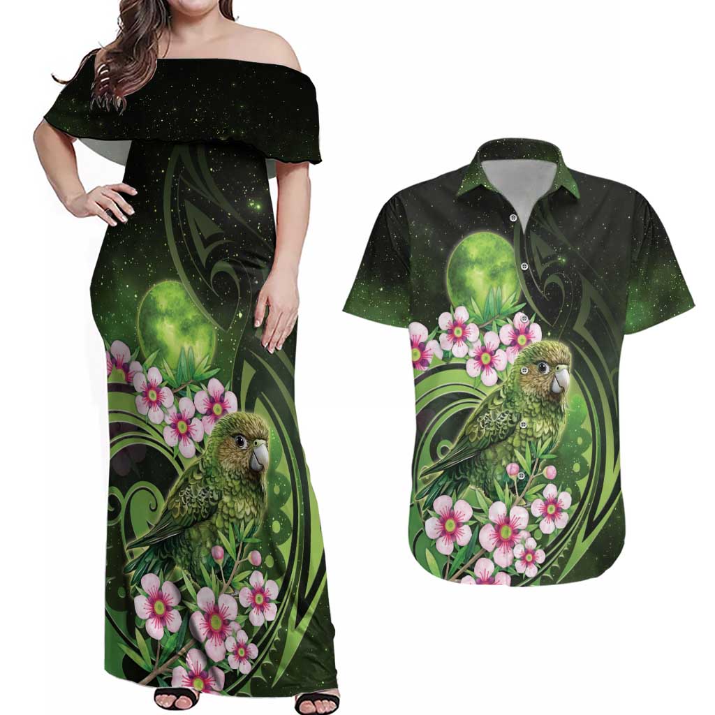 New Zealand Aotearoa Kakapo Couples Matching Off Shoulder Maxi Dress and Hawaiian Shirt Maori Pattern With Manuka Galaxy Style LT05 Green - Polynesian Pride