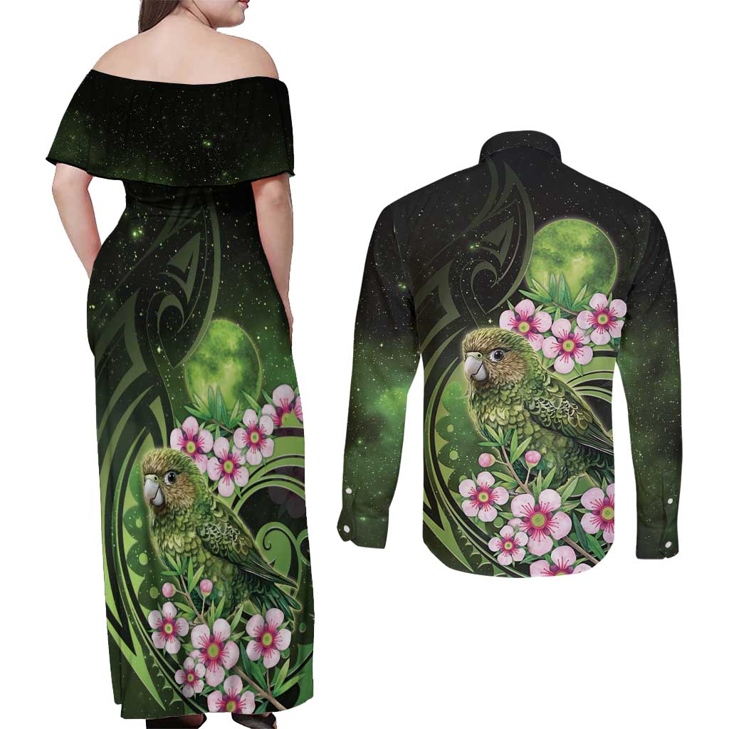 New Zealand Aotearoa Kakapo Couples Matching Off Shoulder Maxi Dress and Long Sleeve Button Shirt Maori Pattern With Manuka Galaxy Style LT05 - Polynesian Pride