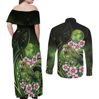 New Zealand Aotearoa Kakapo Couples Matching Off Shoulder Maxi Dress and Long Sleeve Button Shirt Maori Pattern With Manuka Galaxy Style LT05 - Polynesian Pride