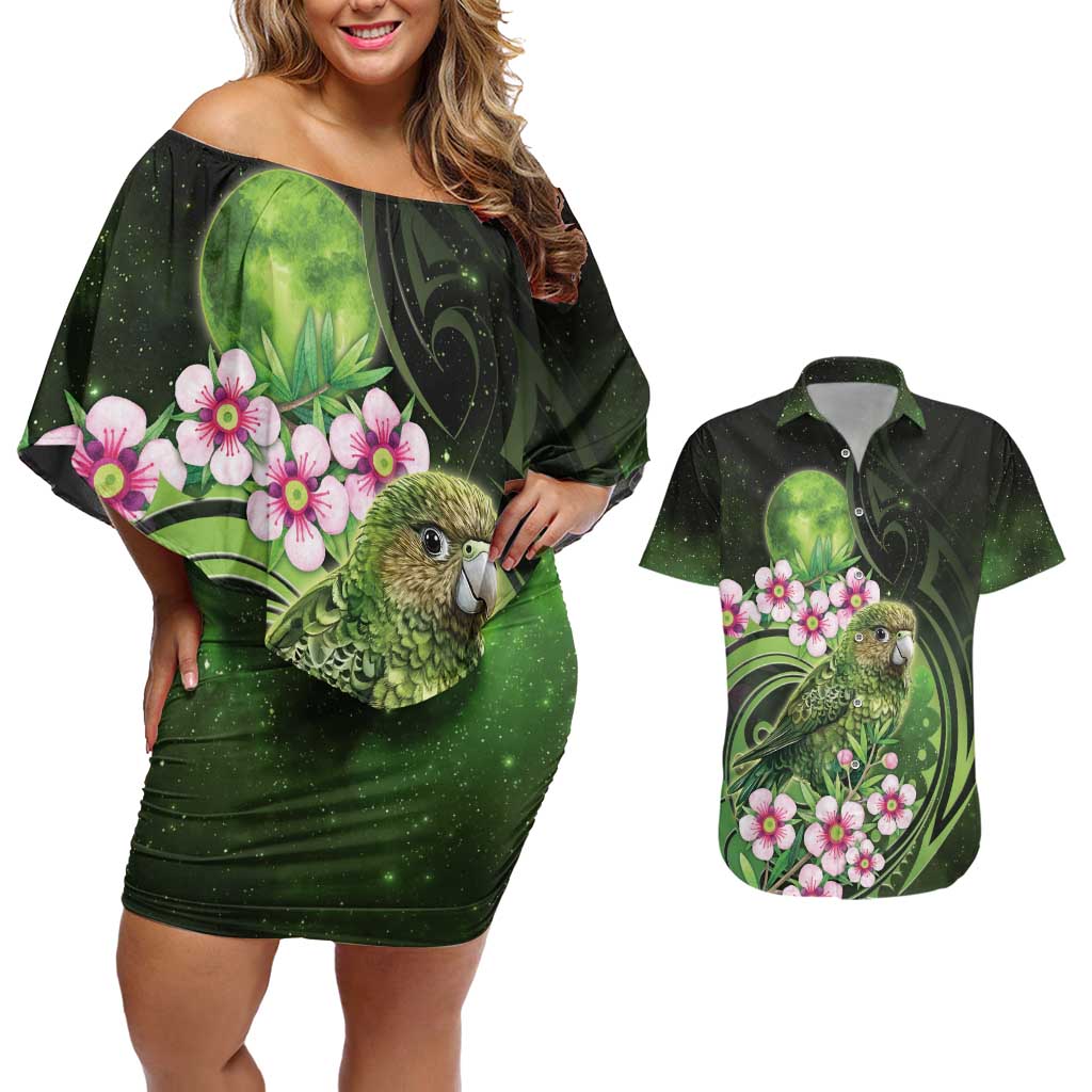 New Zealand Aotearoa Kakapo Couples Matching Off Shoulder Short Dress and Hawaiian Shirt Maori Pattern With Manuka Galaxy Style LT05 Green - Polynesian Pride