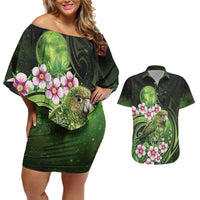 New Zealand Aotearoa Kakapo Couples Matching Off Shoulder Short Dress and Hawaiian Shirt Maori Pattern With Manuka Galaxy Style LT05 Green - Polynesian Pride
