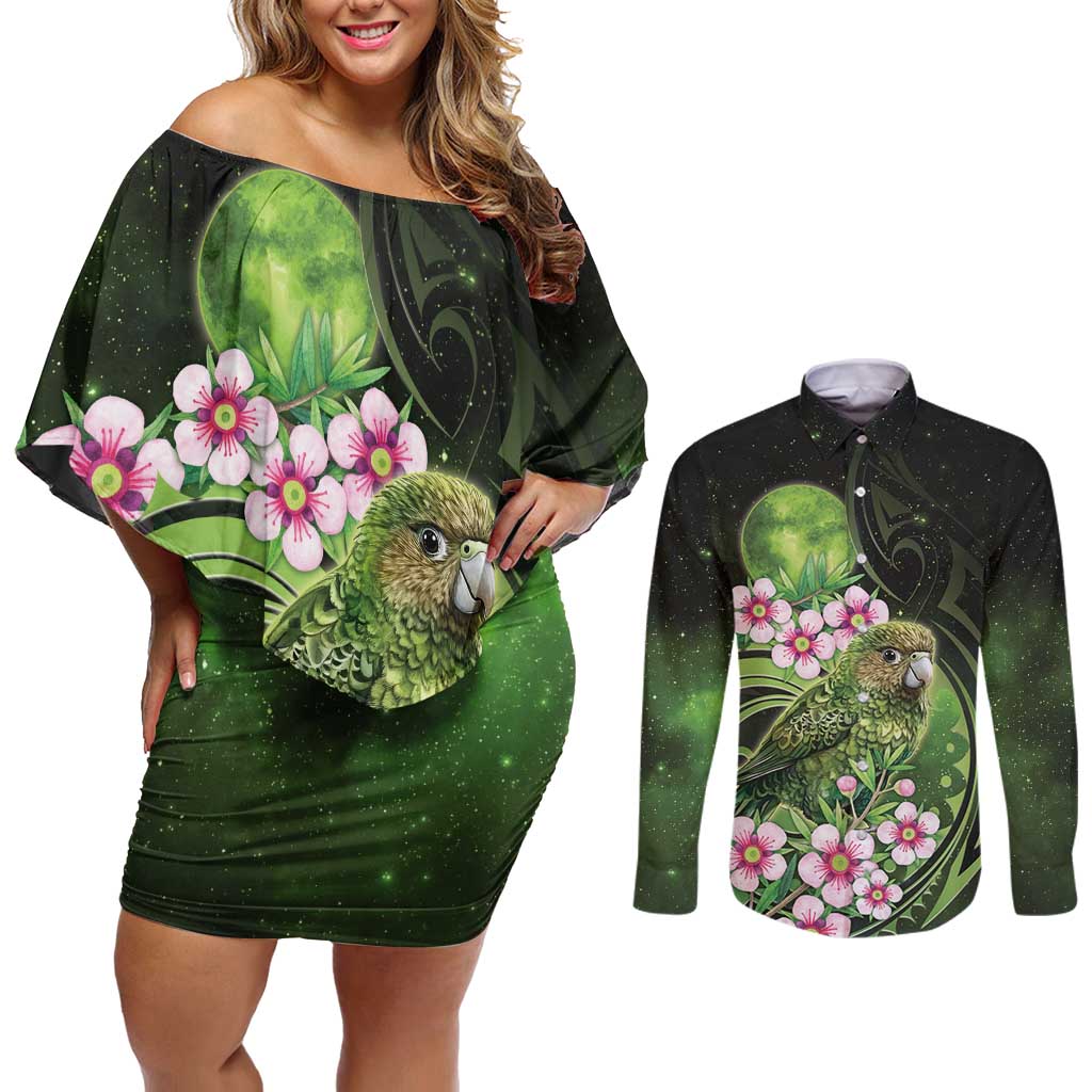 New Zealand Aotearoa Kakapo Couples Matching Off Shoulder Short Dress and Long Sleeve Button Shirt Maori Pattern With Manuka Galaxy Style LT05 Green - Polynesian Pride